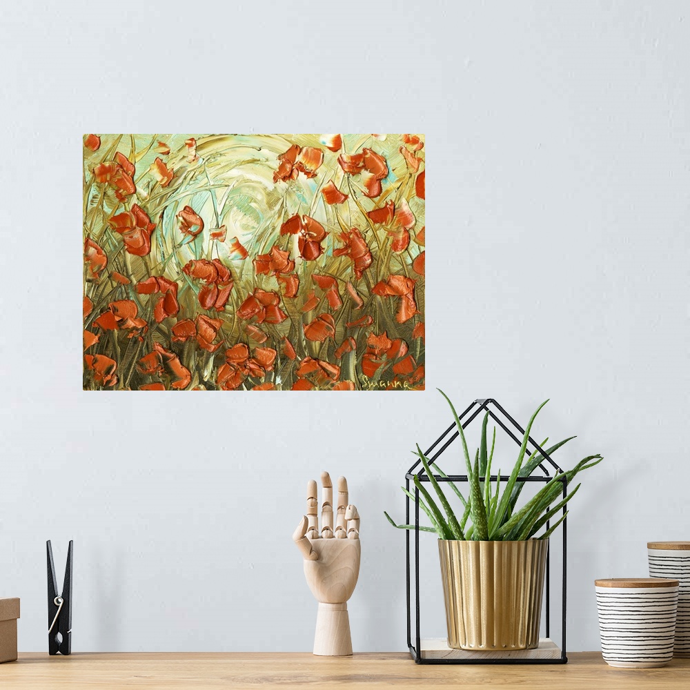 A bohemian room featuring Abstract painting of amber poppies in a field with a light green, blue, and yellow background.