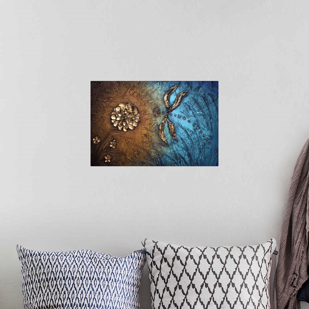 A bohemian room featuring Contemporary abstract painting in blue and copper with a dragonfly flying towards a flower.