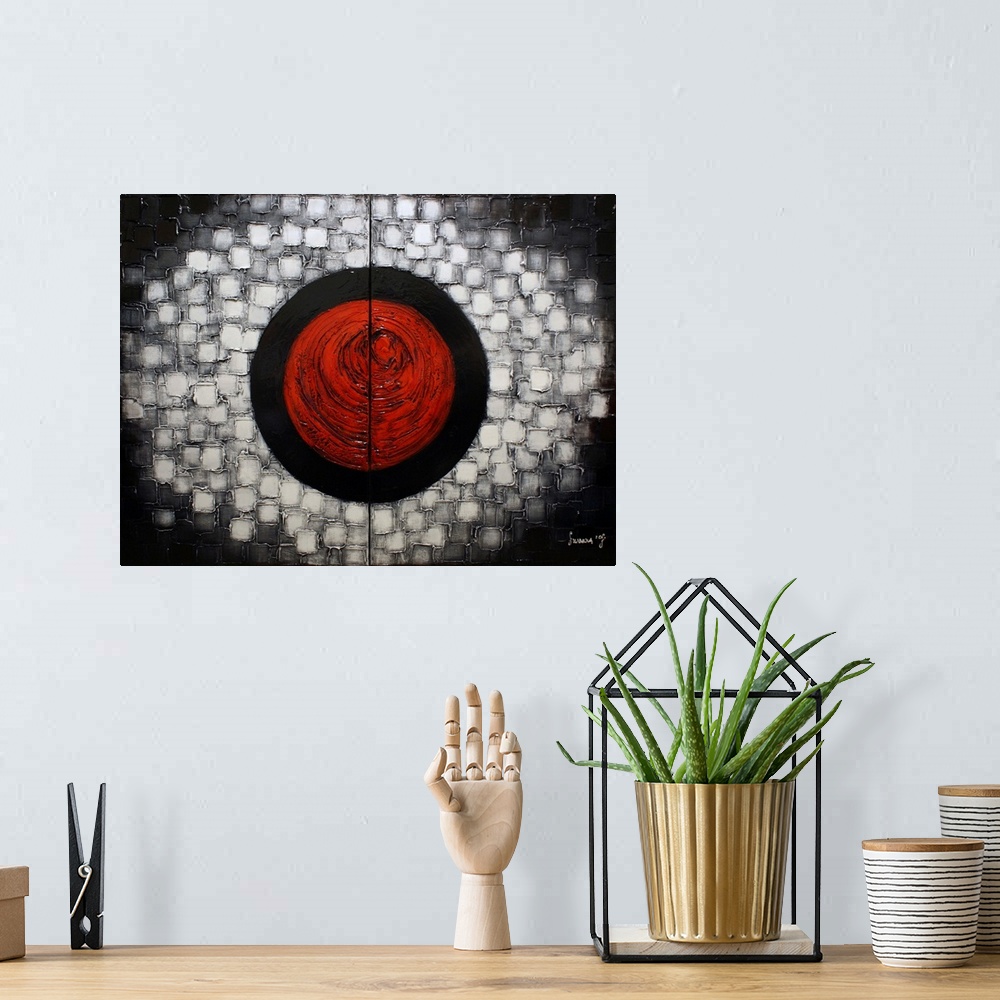 A bohemian room featuring Abstract painting with a large red circle in the center inside of a larger black circle with laye...