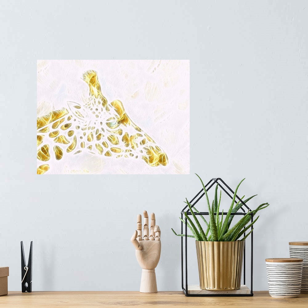 A bohemian room featuring Abstract digital illustration of a giraffe created with thin intertwining lines in gold and white.