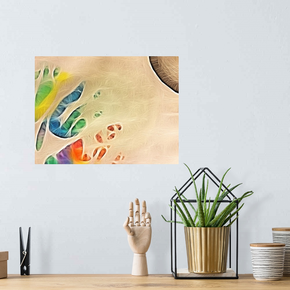A bohemian room featuring Large abstract digital illustration with all of the colors of the rainbow in shapes on a neutral ...