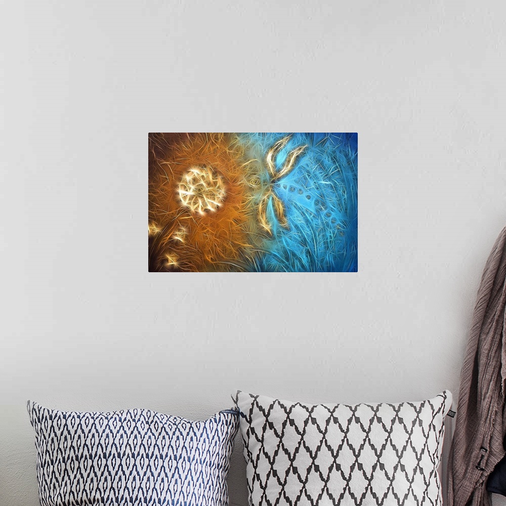 A bohemian room featuring Digital abstract art in blue and copper with a dragonfly flying towards a flower.
