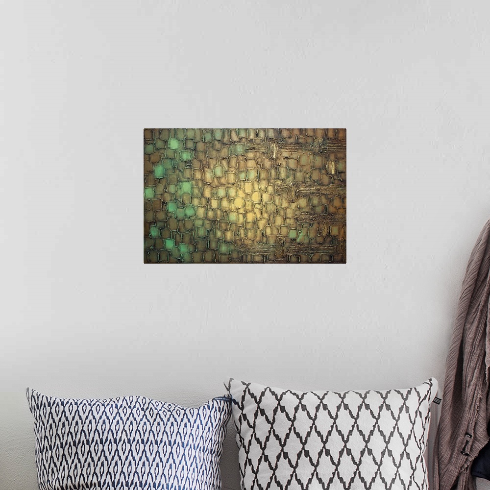 A bohemian room featuring Abstract painting with green, brown, gold, and yellow squared brushstrokes layered on top of each...