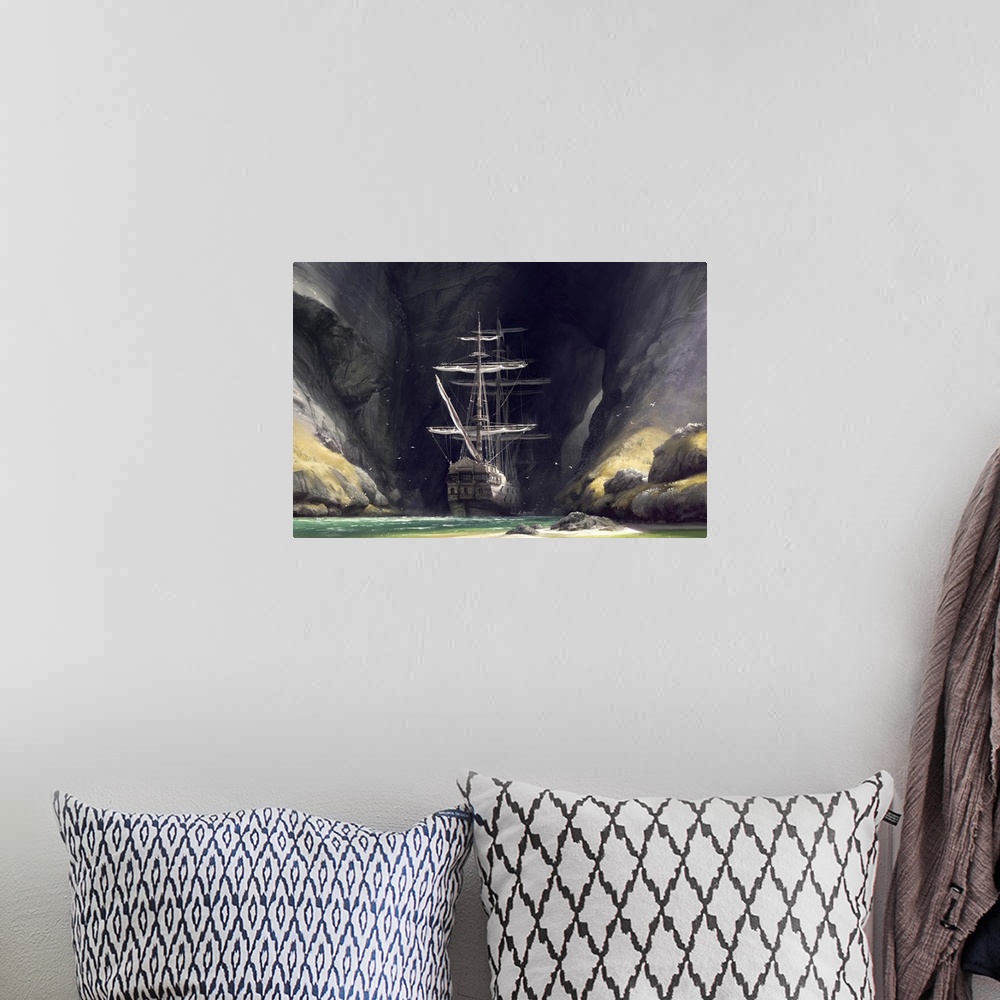 A bohemian room featuring Painting of a pirate ship exploring a large coastal cave.