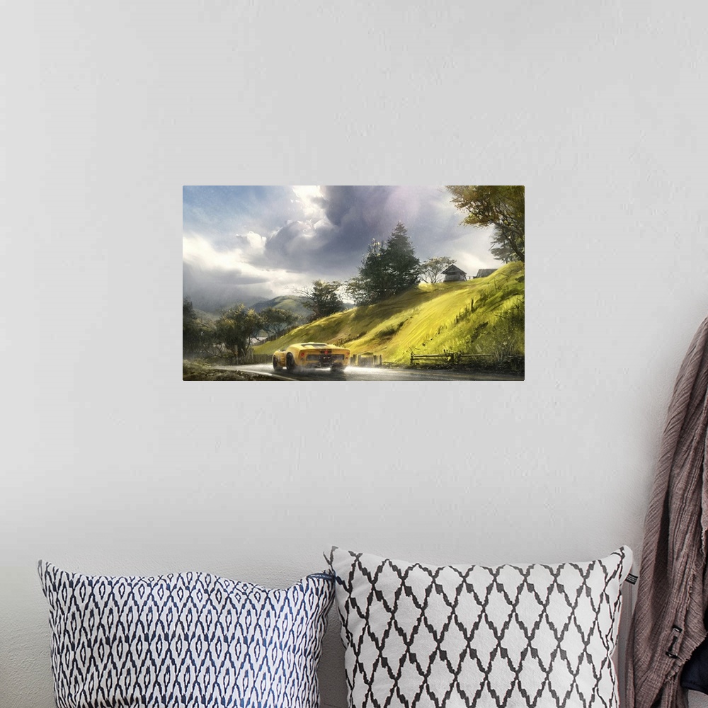 A bohemian room featuring Painting of car road trip through the countryside.