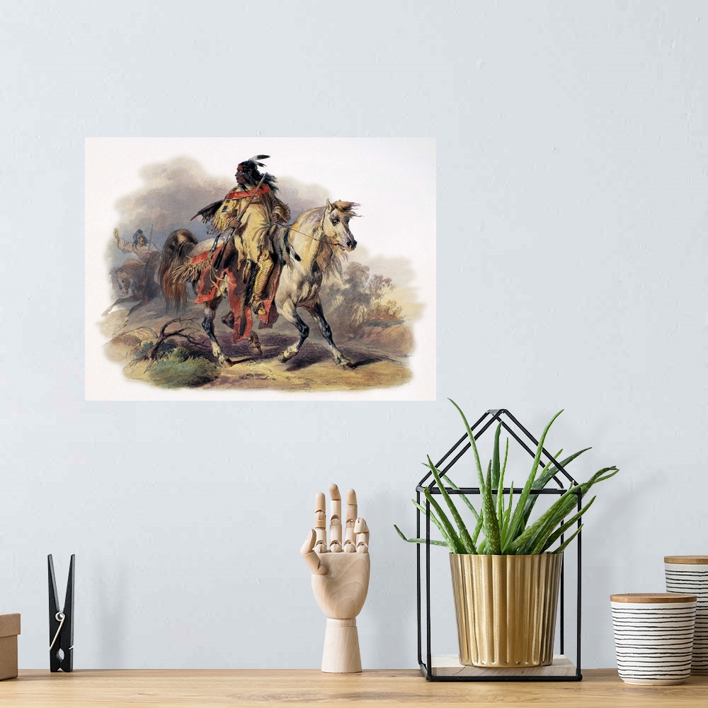 A bohemian room featuring Bodmer, Blackfoot Horseman. A Blackfoot Native American Man Riding On Horseback At Fort Mckenzie,...