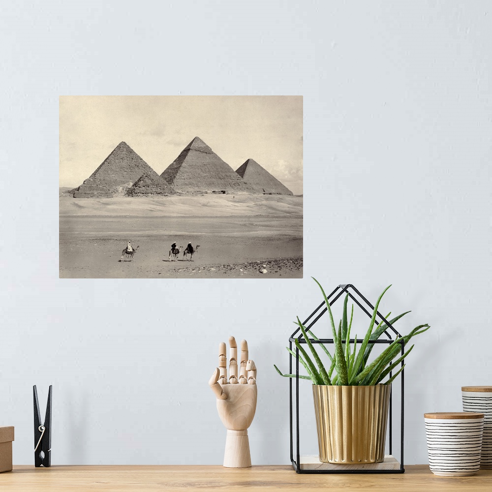 A bohemian room featuring Egypt, Pyramids At Giza. the Pyramids At Giza, Egypt, With three Travelers In the Foreground. Pho...