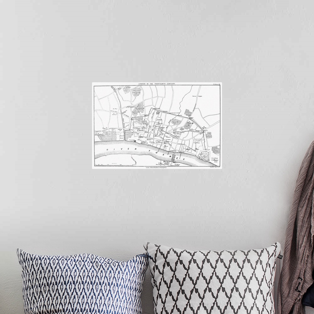 A bohemian room featuring Map, London, 13th Century. Reconstructed Map Of 13th Century London, England.