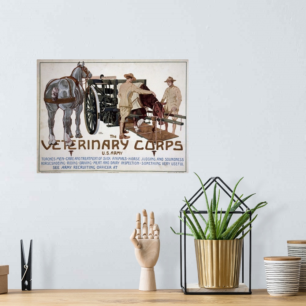 A bohemian room featuring Recruiting poster advertising the Veterinary Corps of the U.S. Army. Lithograph by Horst Schreck,...