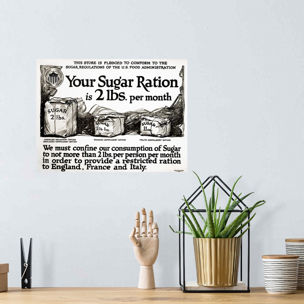 A bohemian room featuring 'Your sugar ration is 2 lbs. per month.' Lithograph for the United States Food Administration, 1917.