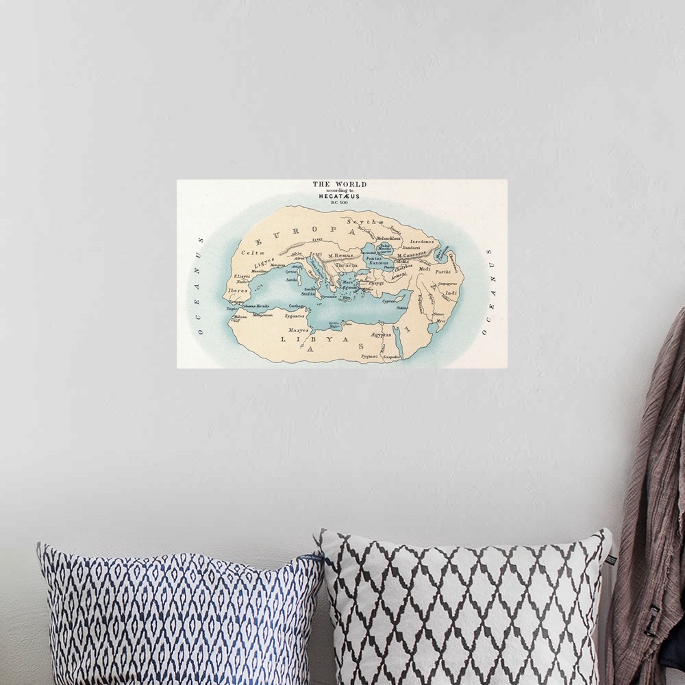 A bohemian room featuring World Map, 500 B.C. Map Of the World, C500 B.C., According To the Writings Of Hecataeus Of Miletu...