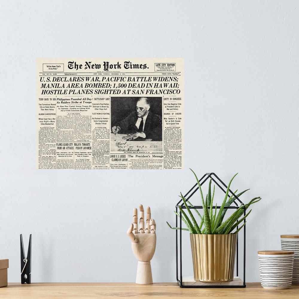A bohemian room featuring The front page of 'The New York Times,' 9 December 1941, announcing the United States' declaratio...
