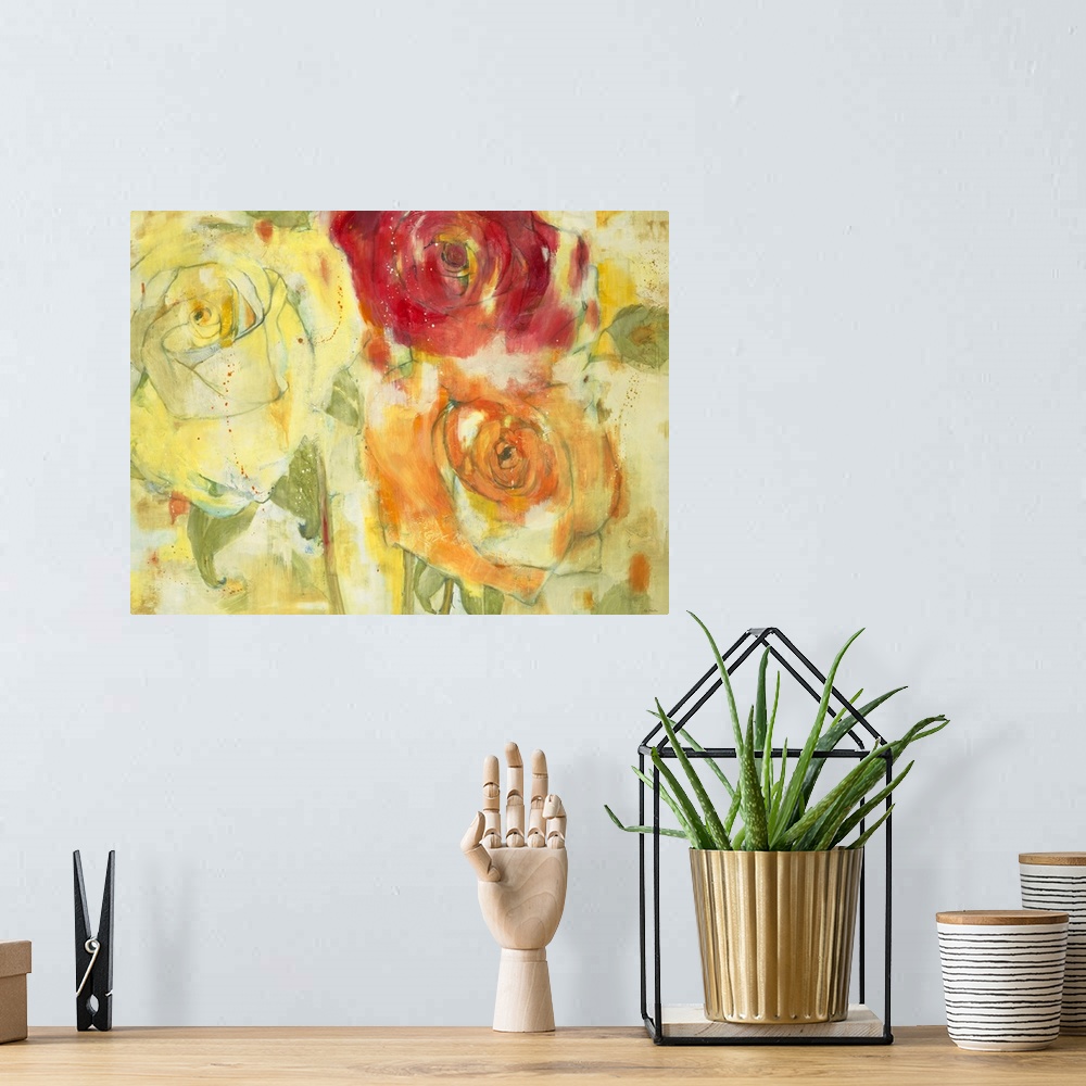 A bohemian room featuring Contemporary painting of vibrant red orange and yellow flowers close-up.