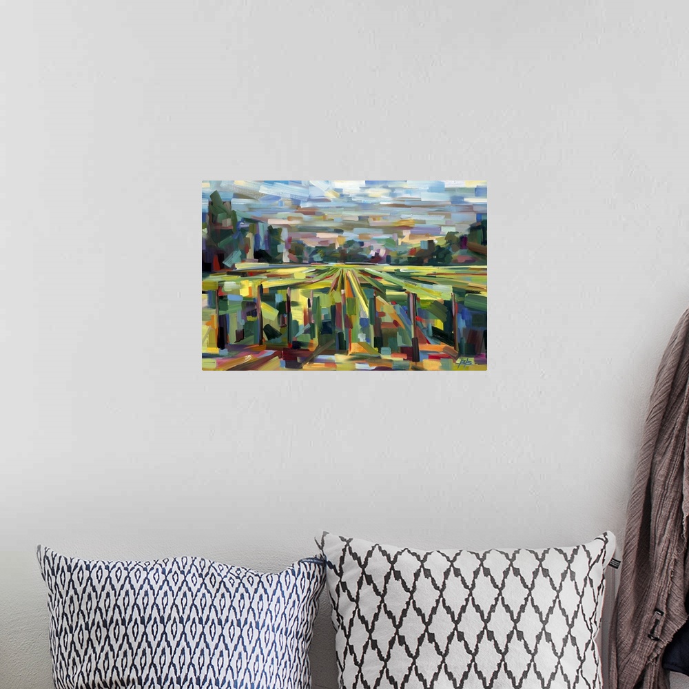 A bohemian room featuring Contemporary abstract painting of a countryside landscape deconstructed into geometric shapes.