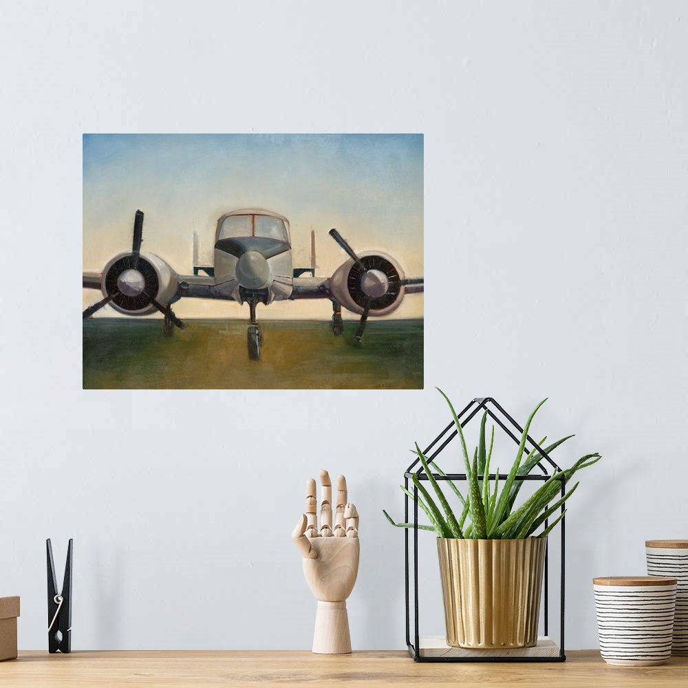 A bohemian room featuring A painting of an airplane preparing to take off on a runway.