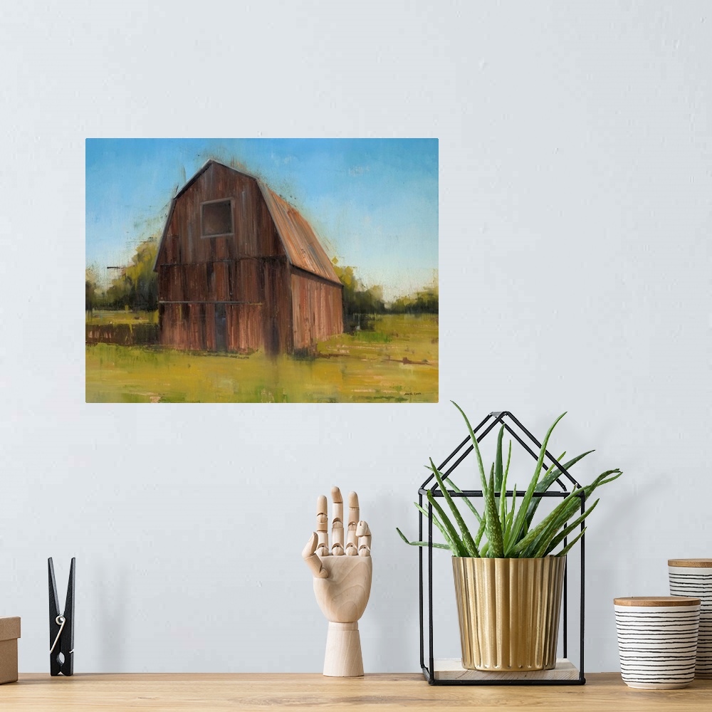 A bohemian room featuring Contemporary painting of a tall wooden barn in a country landscape.