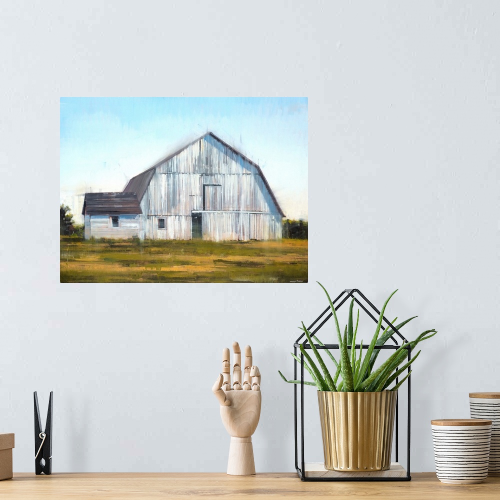 A bohemian room featuring Contemporary painting of a large white barn with a rustic feel.