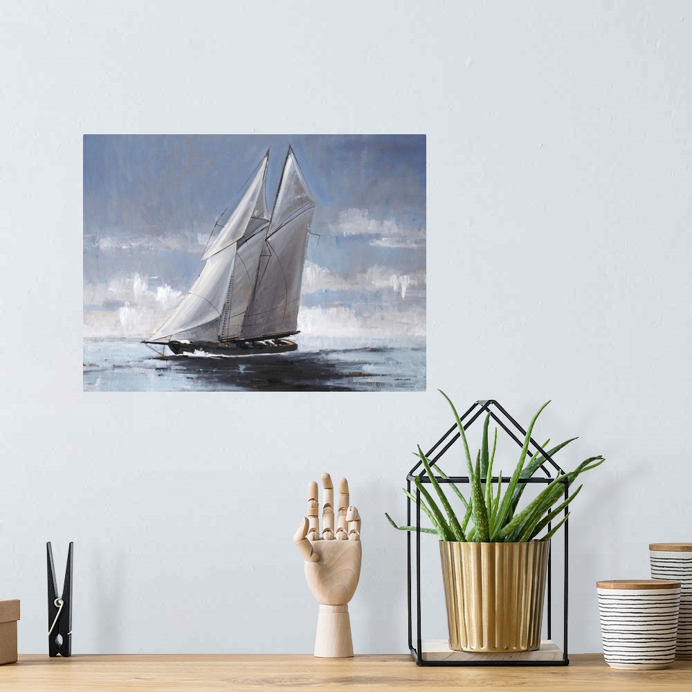 A bohemian room featuring Contemporary painting of a sailboat with great big white sails gliding on the surface of the water.