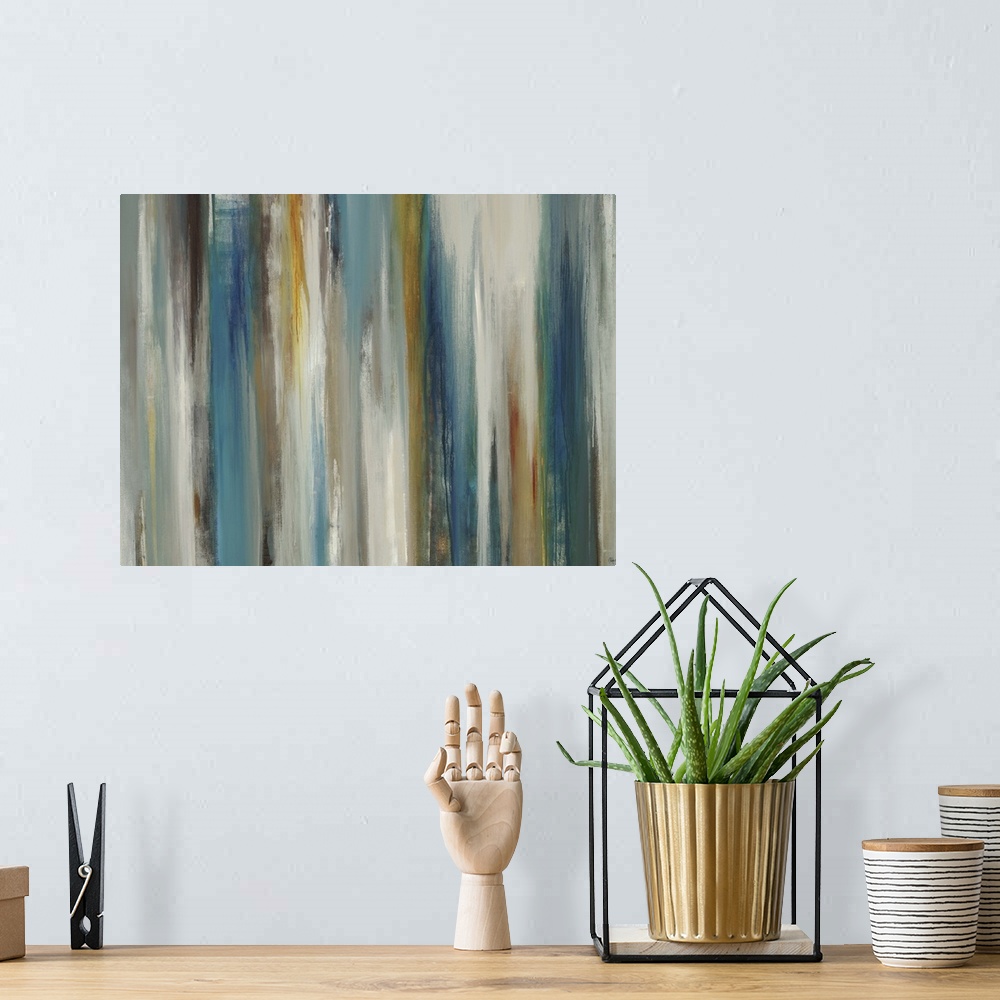 A bohemian room featuring Abstract painting using cool colors and neutral colors in vertical swipes.