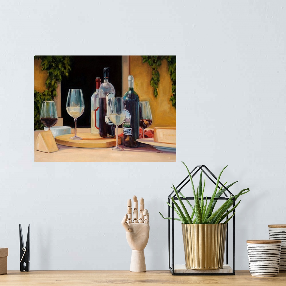 A bohemian room featuring Contemporary still life painting of bottles and glasses of wine with cheese wedges on a table in ...