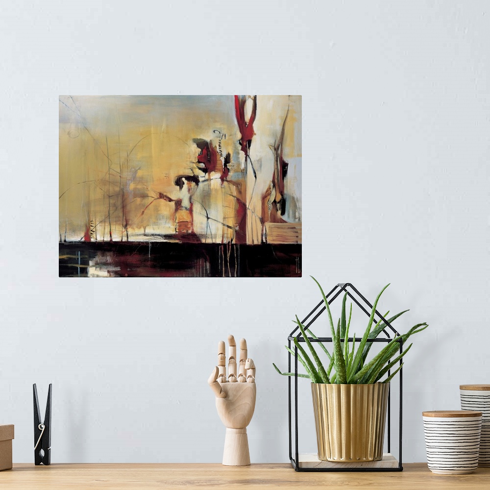 A bohemian room featuring Contemporary abstract painting using harsh lines and wild strokes of warm tones.