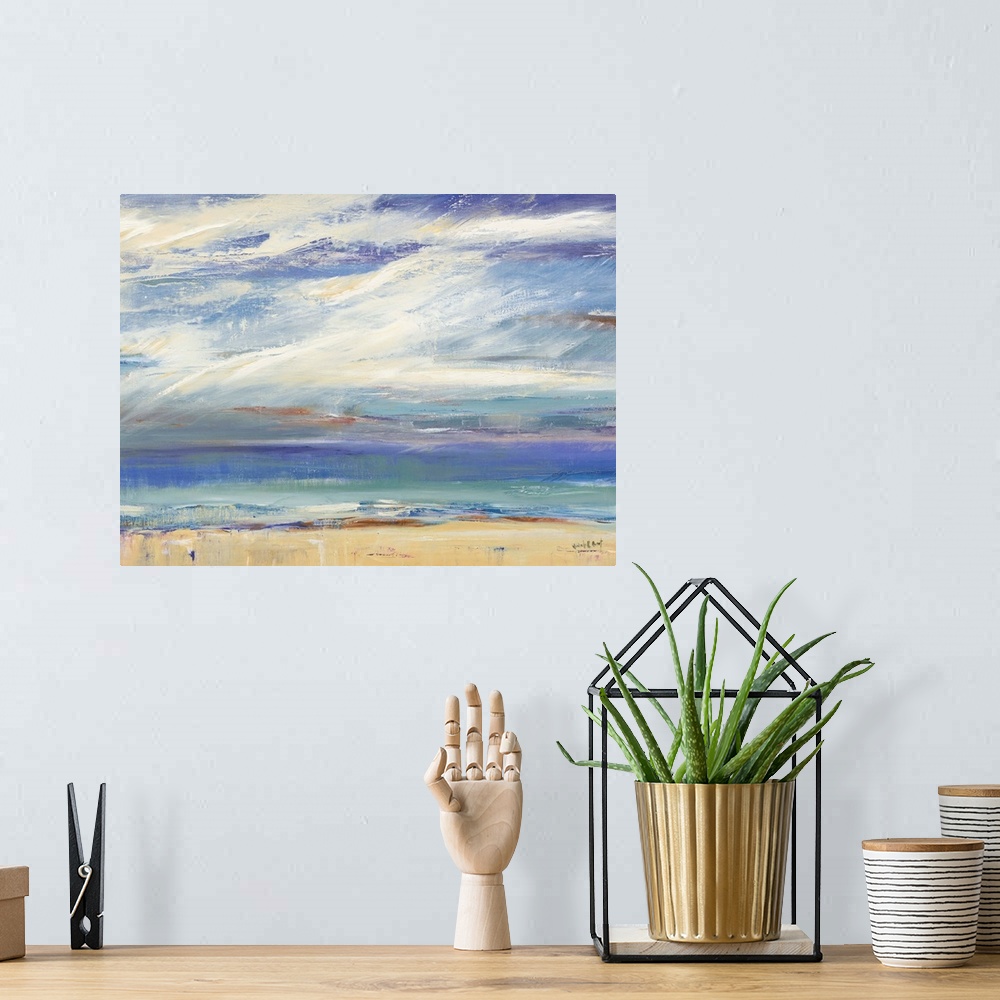 A bohemian room featuring Contemporary abstract painting representing a coastal landscape in blue, green, yellow, brown, an...