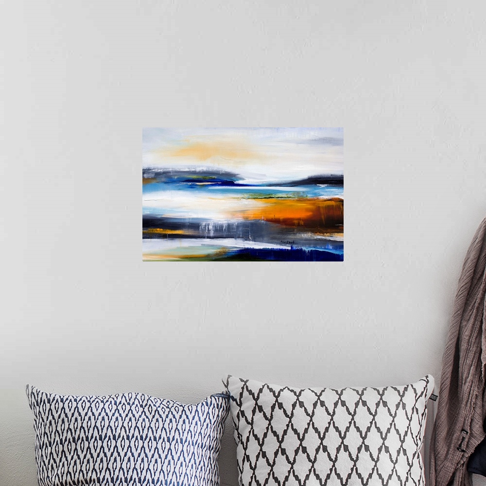 A bohemian room featuring Contemporary painting of an abstract interpretation of a sunset at a lake.