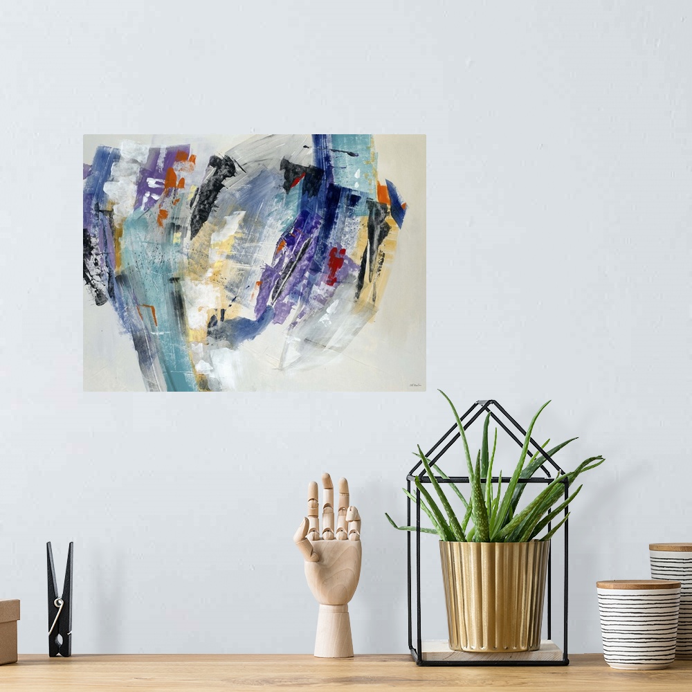 A bohemian room featuring A contemporary abstract painting using harsh colors to convey a shape in motion.