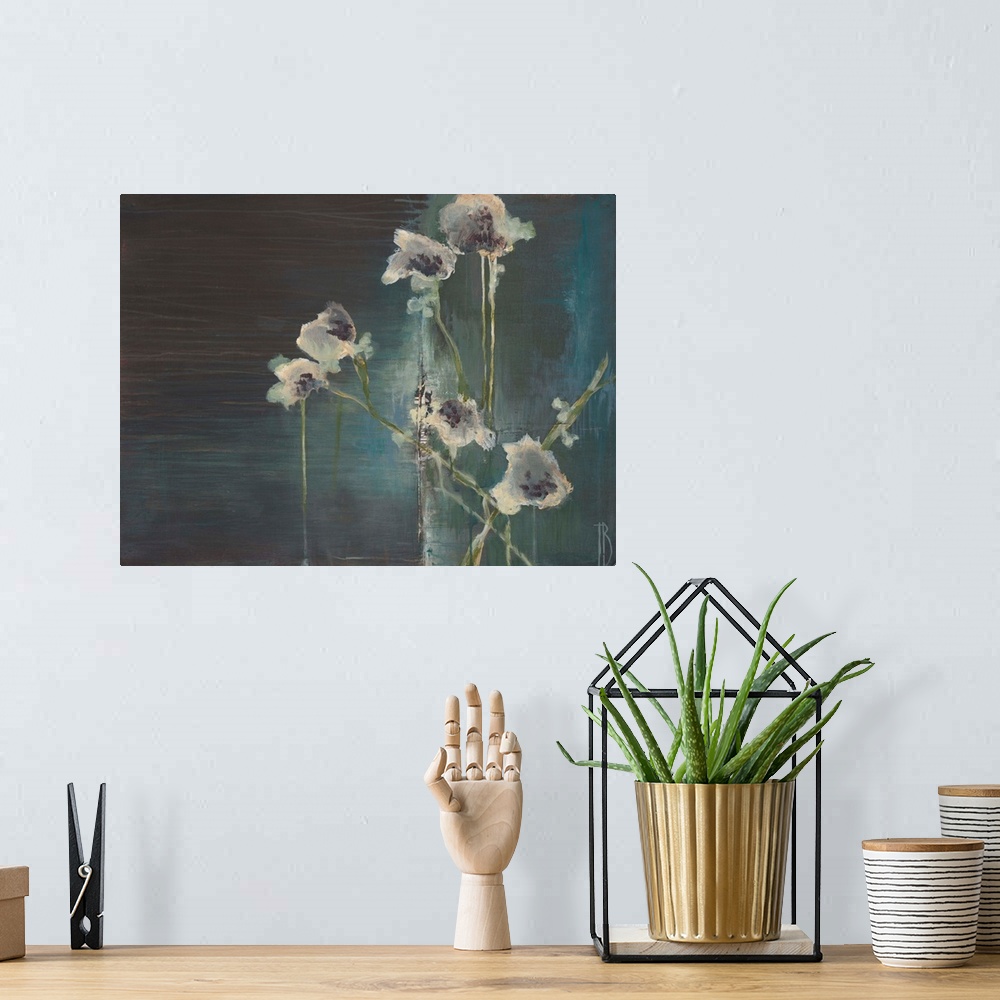 A bohemian room featuring Contemporary painting of white flowers dripping against a deep blue background.