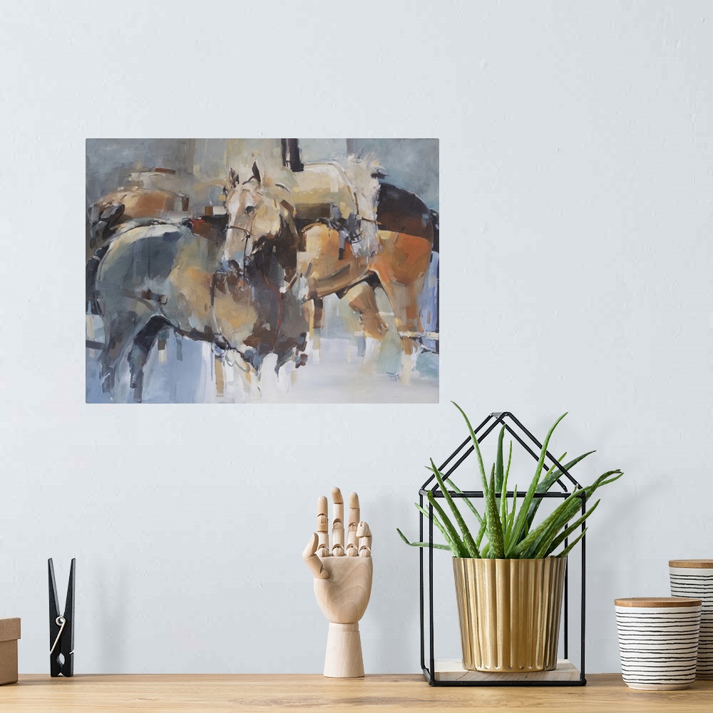 A bohemian room featuring This contemporary artwork features a quiet moment of horses after battle using a complementary pa...