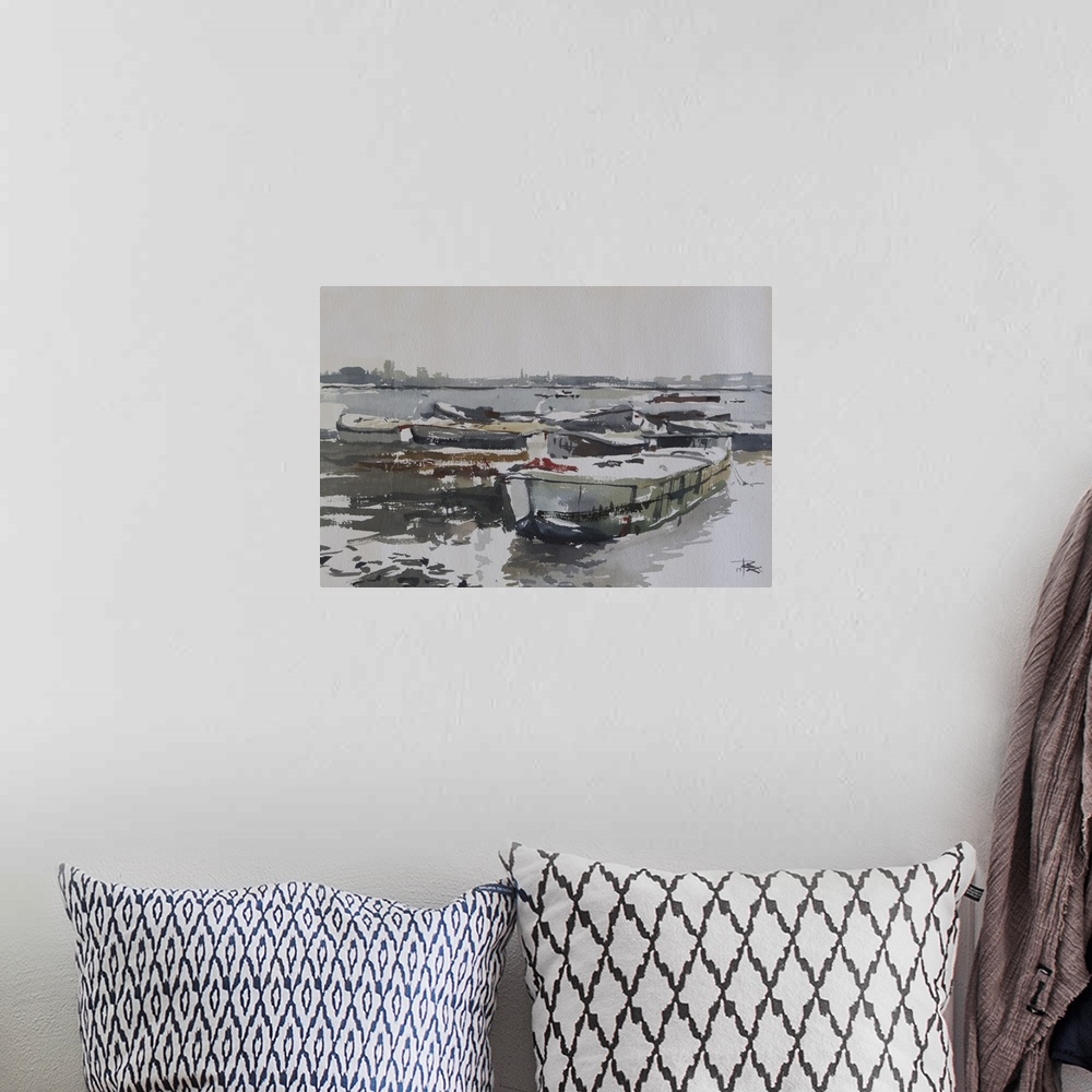 A bohemian room featuring This pensive artwork features earthy tones and illustrates abandoned old barges at the shore of T...
