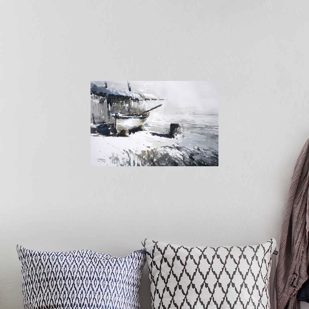 A bohemian room featuring This contemporary artwork highlights snow covered surfaces near an old boat under a shed.