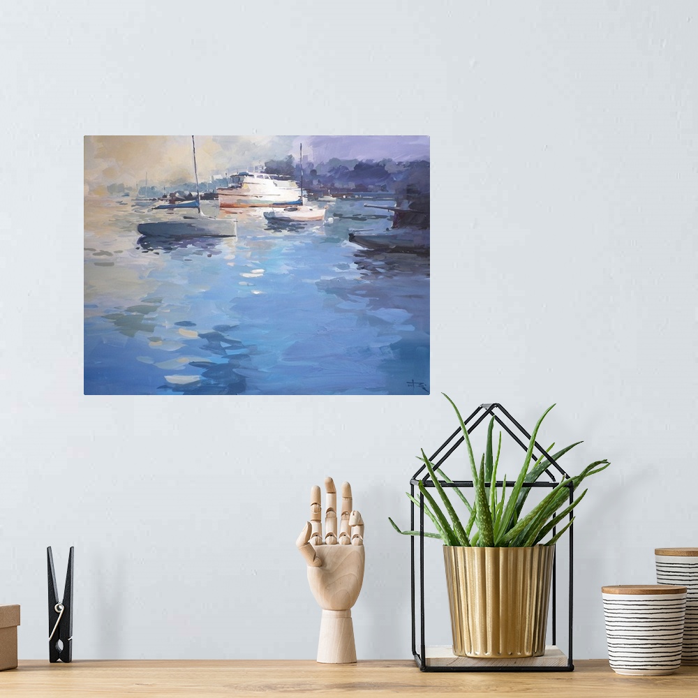 A bohemian room featuring This contemporary artwork uses stylized shapes to depict a large body of water in the foreground ...