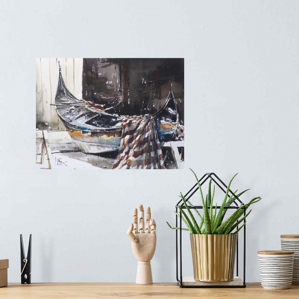 A bohemian room featuring This contemporary artwork features dry watercolor brush stokes to illustrate a gondola in a repai...