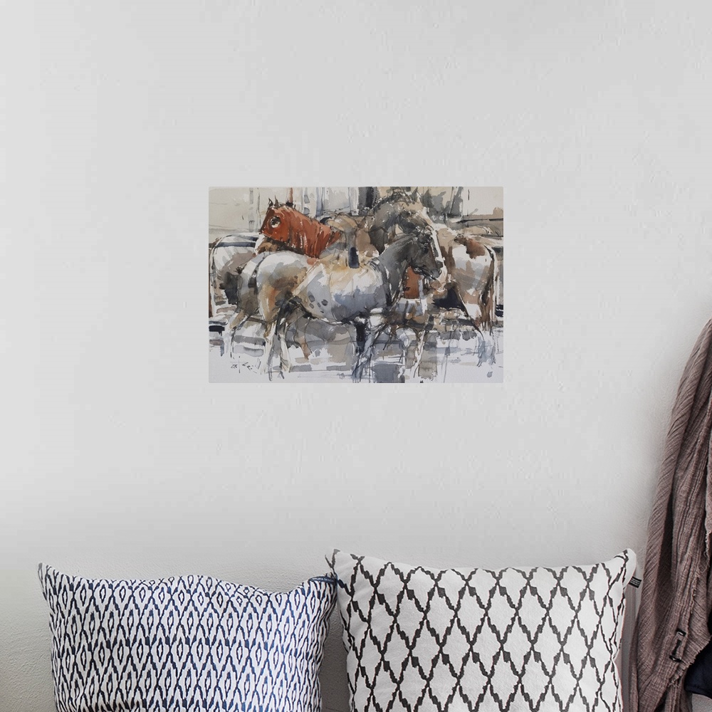 A bohemian room featuring This contemporary artwork features a quiet moment of horses using earthy colors and impressionist...