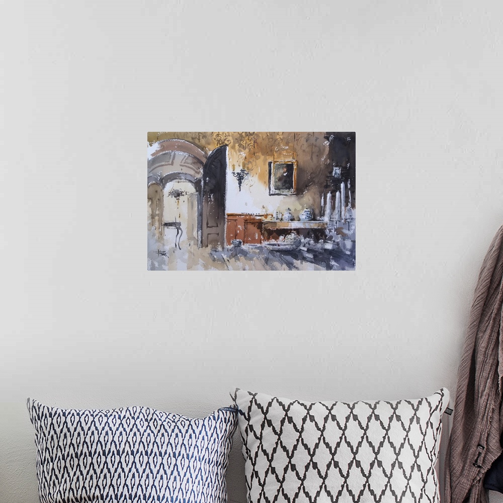 A bohemian room featuring This contemporary artwork features dry watercolor brush stokes to illustrate an interior view tha...