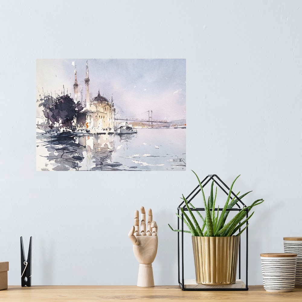 A bohemian room featuring Gestural brush strokes of muted watercolors illustrate a unique waterfront view with Bosphorus br...