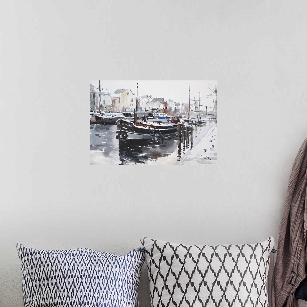 A bohemian room featuring This contemporary artwork highlights snow covered surfaces in this packed marina.