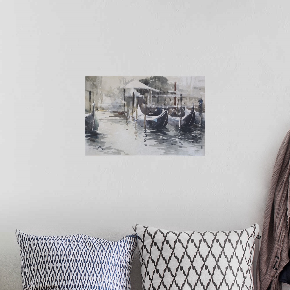 A bohemian room featuring This contemporary artwork highlights snow covered surfaces of gondolas in a cold and damp Venice ...