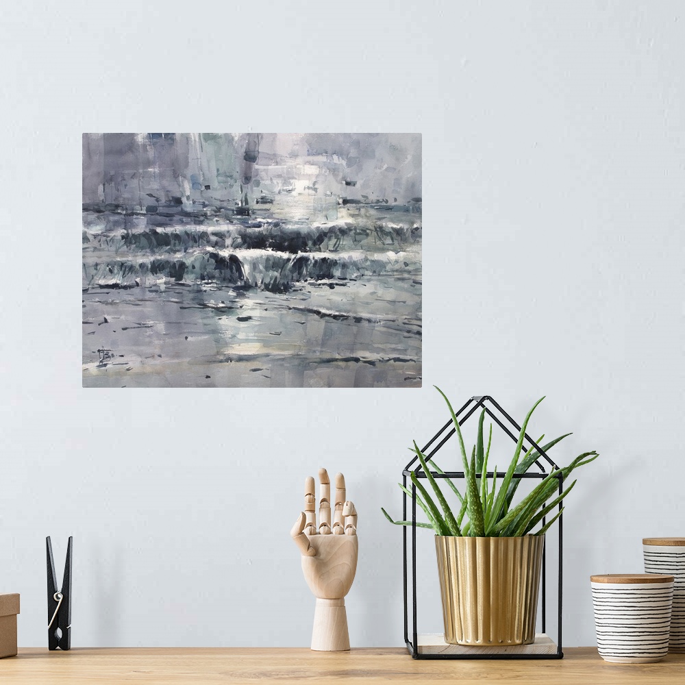 A bohemian room featuring This contemporary artwork features the break of waves at Bondi Beach in Sydney, with monochromati...