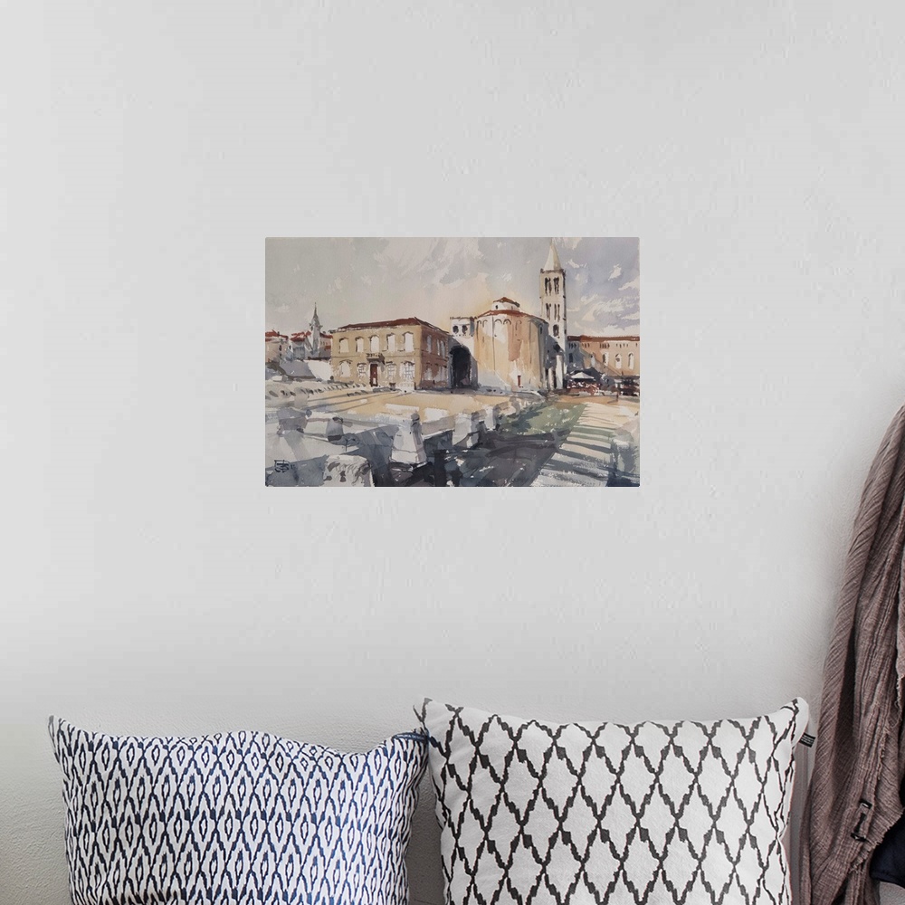 A bohemian room featuring A watercolor artwork showing an old Croatian town of Zadar with Roman ruins in the foreground.