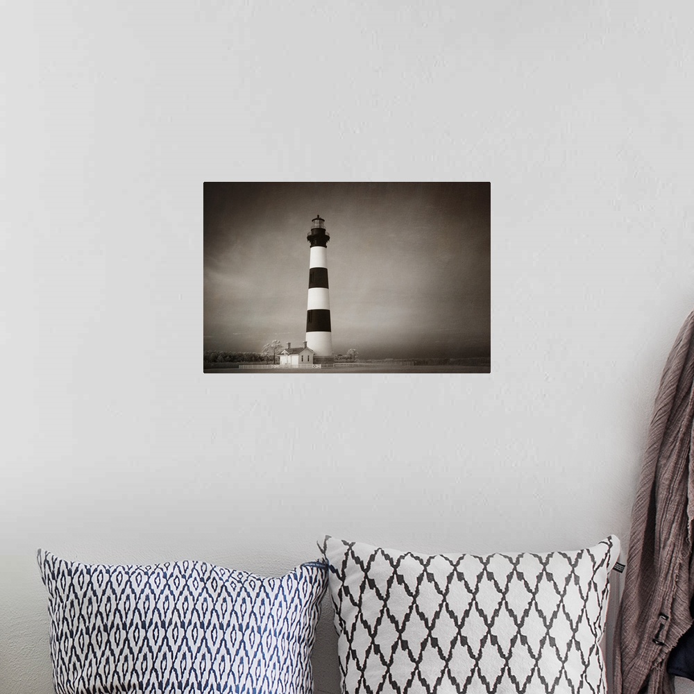 A bohemian room featuring Black and white striped Bodie Island Lighthouse on the Outer Banks, North Carolina.