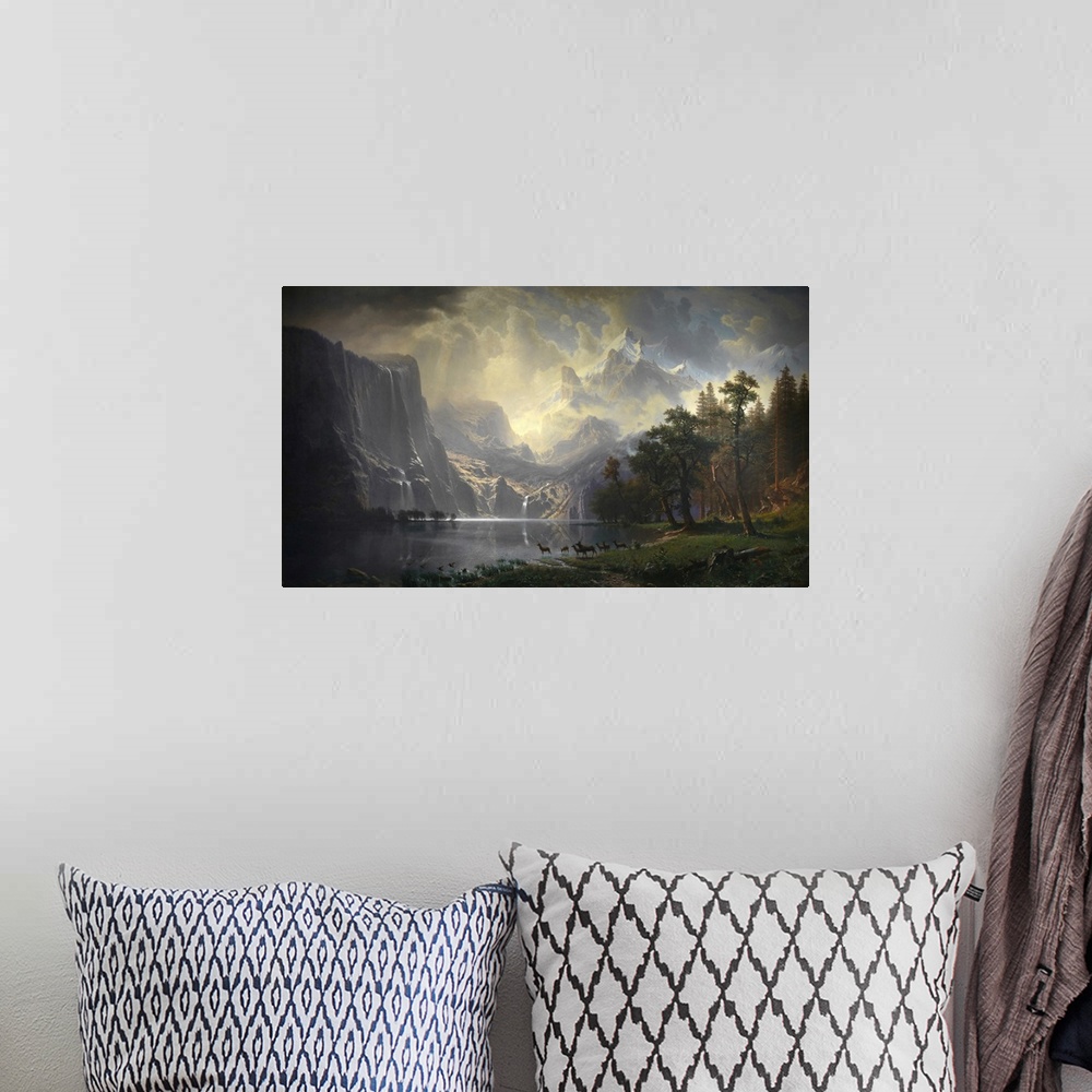 A bohemian room featuring Romantic rural scene with mountains and dramatic sky.