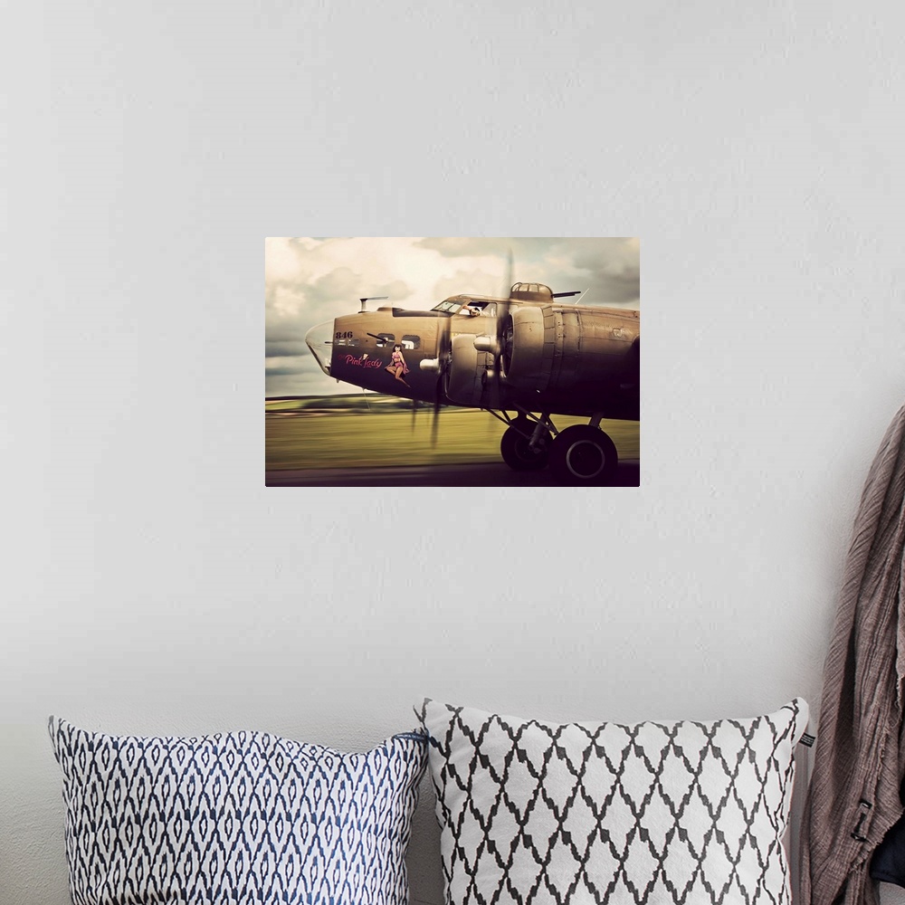 A bohemian room featuring A  B-17G Flying Fortress bomber on takeoff.