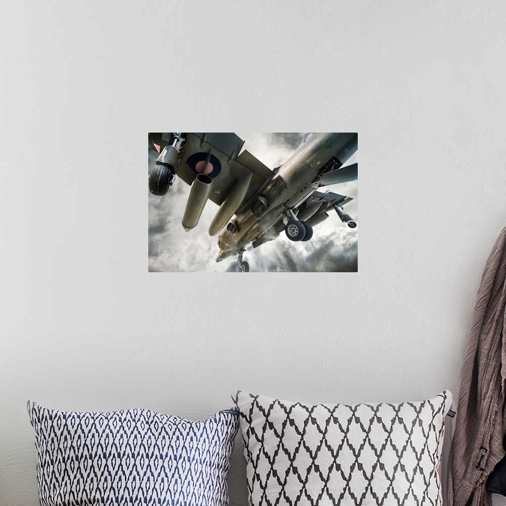 A bohemian room featuring A  Harrier Jump jet in vertical take-off