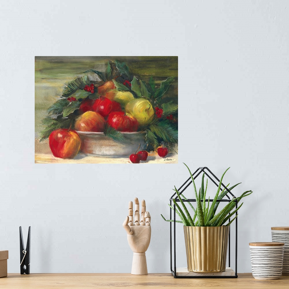 A bohemian room featuring Contemporary painting of a bowl of lush looking fruit.