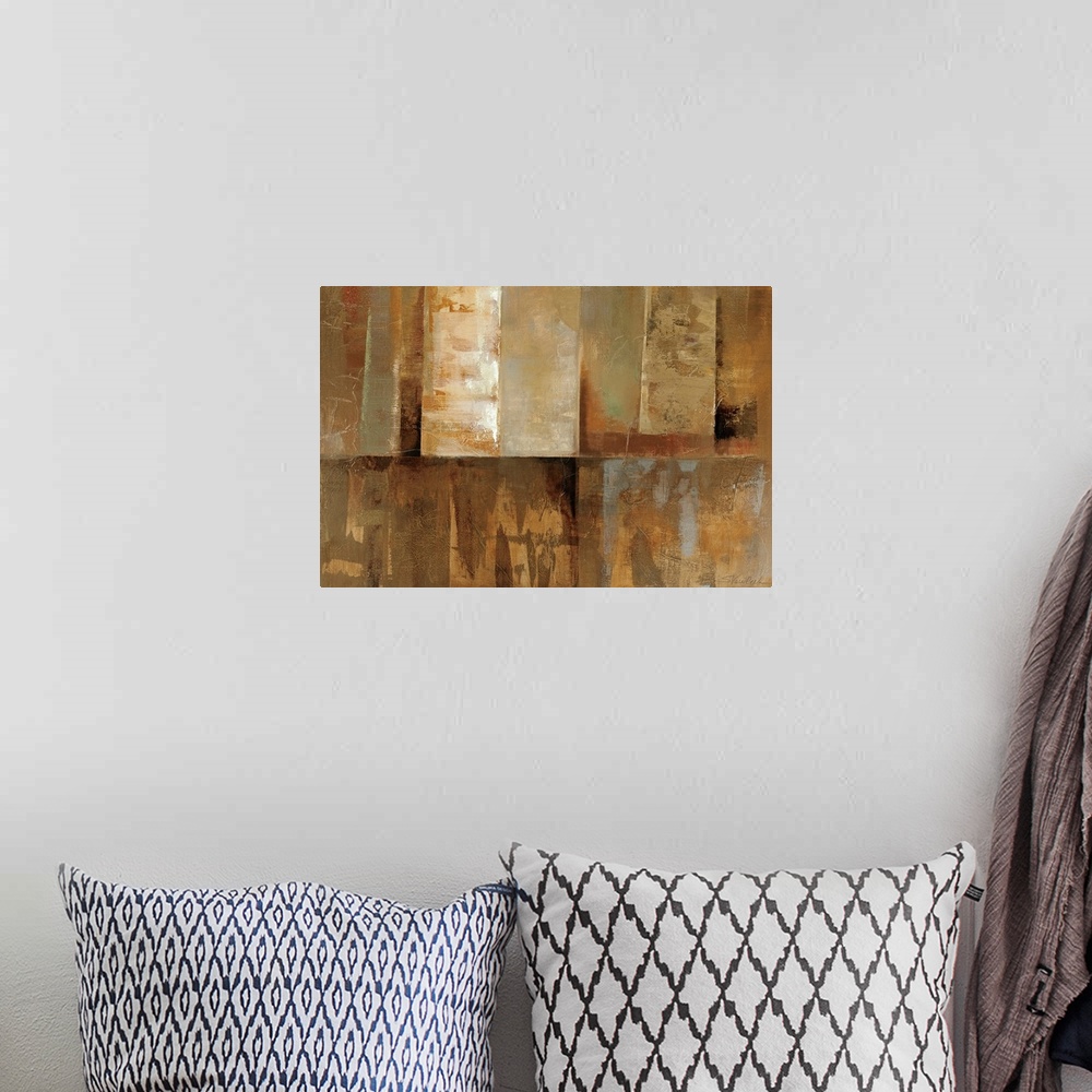 A bohemian room featuring Large, landscape, contemporary artwork for a living room or office.  Small rectangular blocks on ...