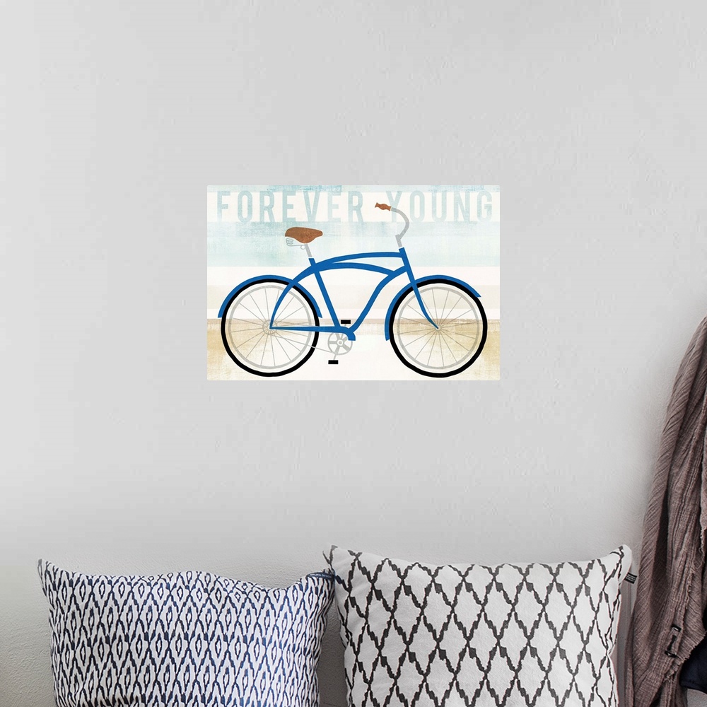 A bohemian room featuring "Forever Young" with an illustration of a blue bicycle on a blue, white, and tan background creat...