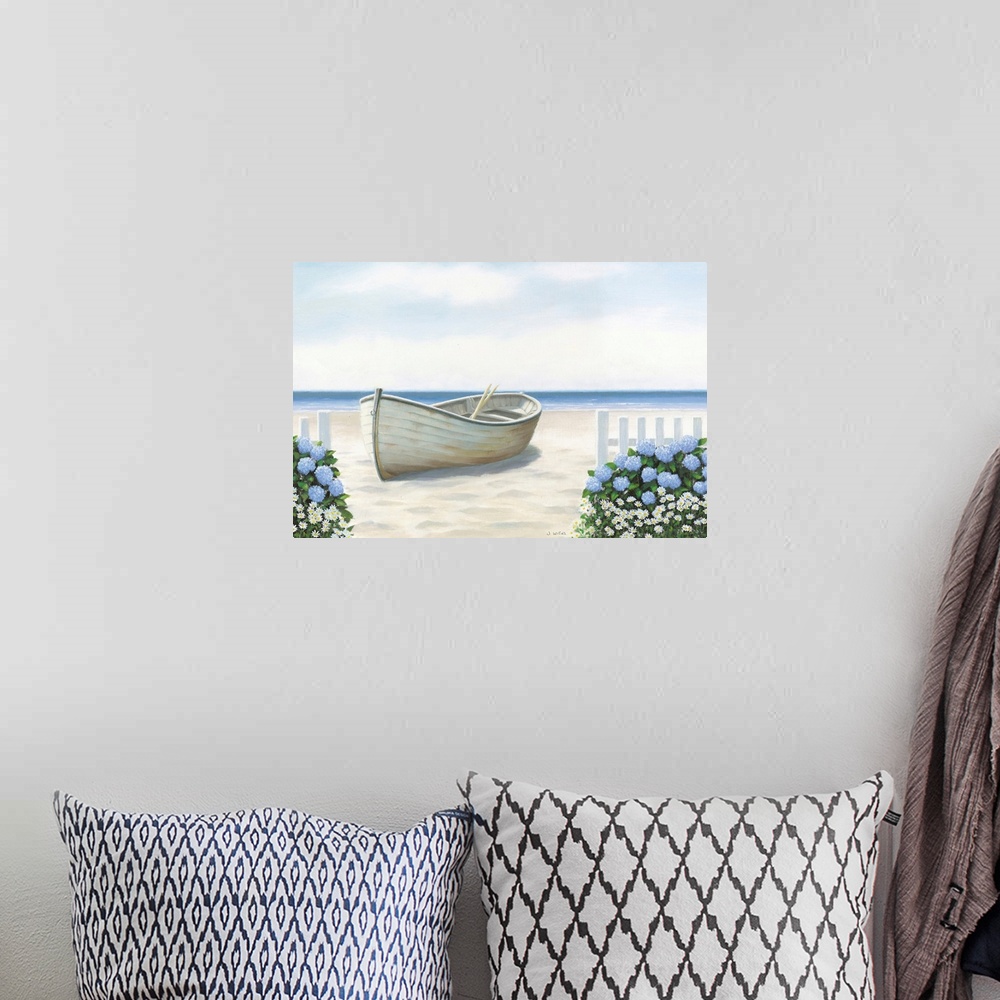 A bohemian room featuring Contemporary painting of a white boat on the sandy shore of a beach with daisies and blue hydrang...