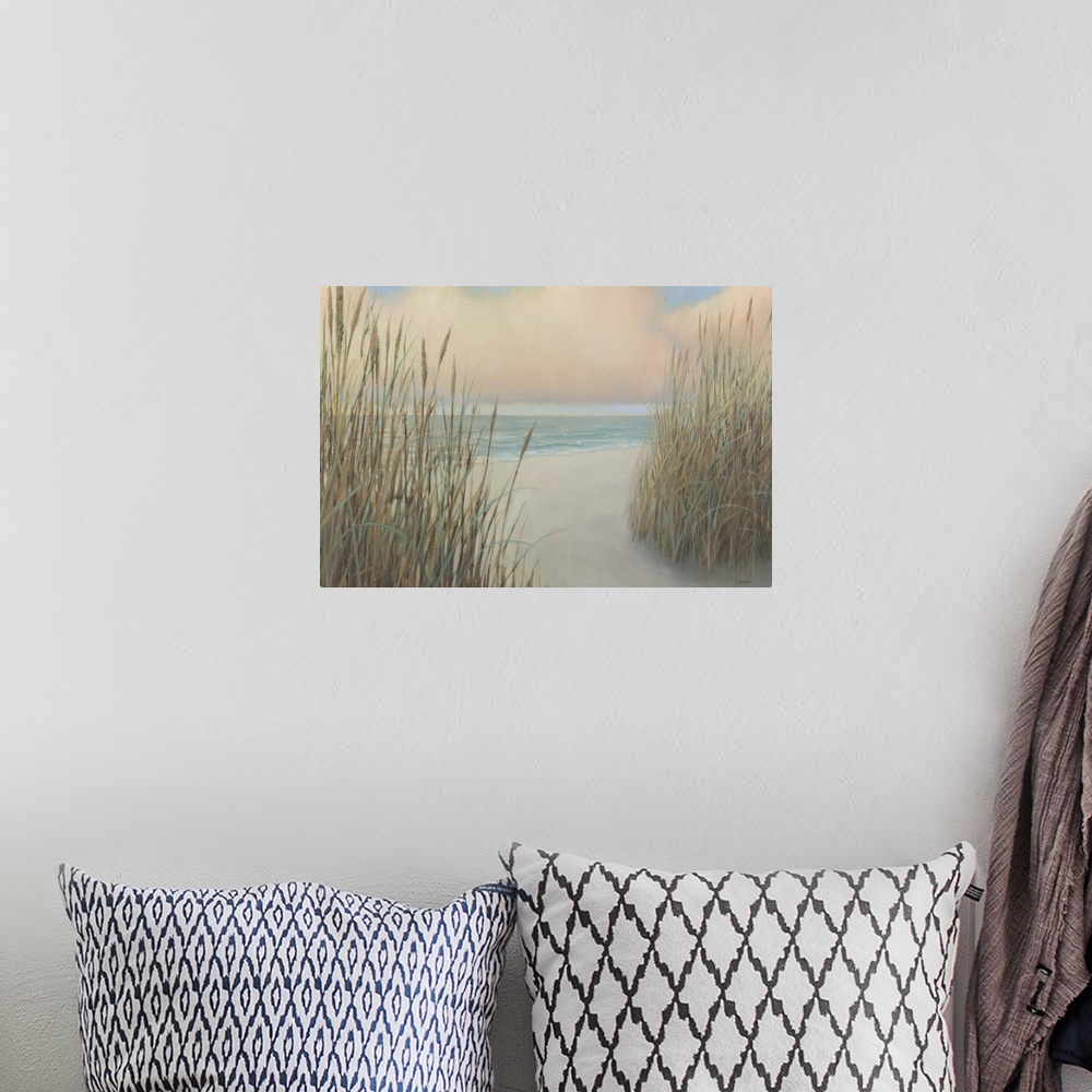 A bohemian room featuring Contemporary painting of tall sand dune grass opening to view a calm seascape under pink puffy cl...